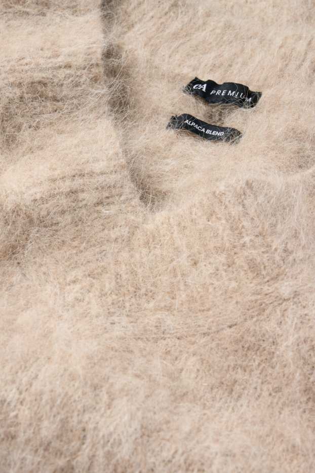 Femei - Pulover cu decolteu în V - amestec de lână Alpaca - bej