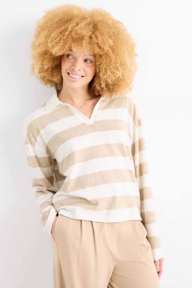 Femei - Tricou polo cu mânecă lungă - din tricot - cu dungi - alb / bej
