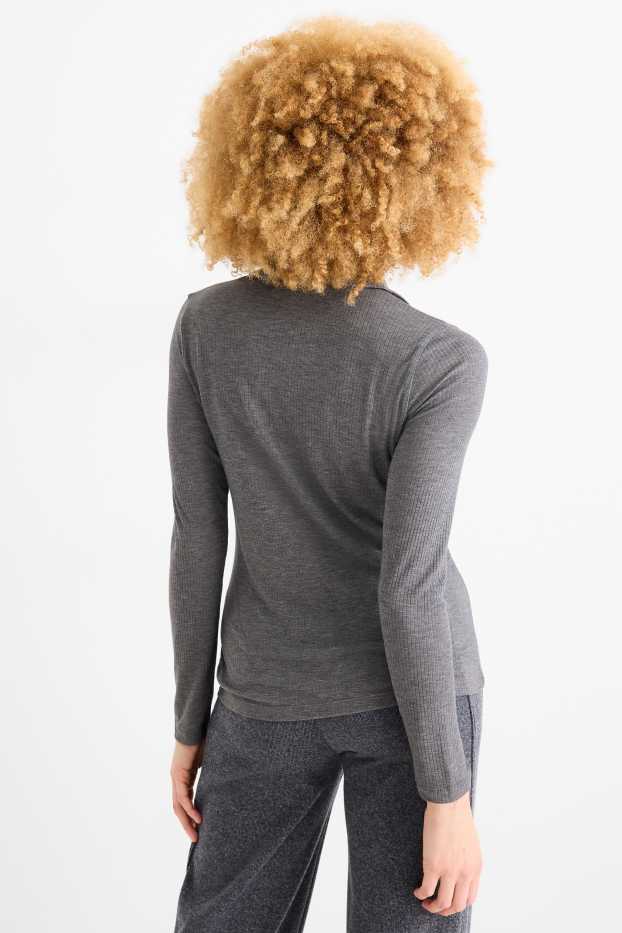 Women - Long sleeve polo shirt - regular fit - ribbed - gray