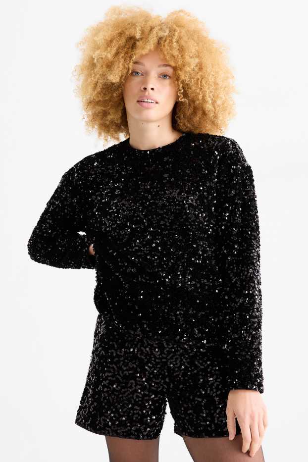 Femei - Tricou cu mânecă lungă cu paiete - regular fit - negru