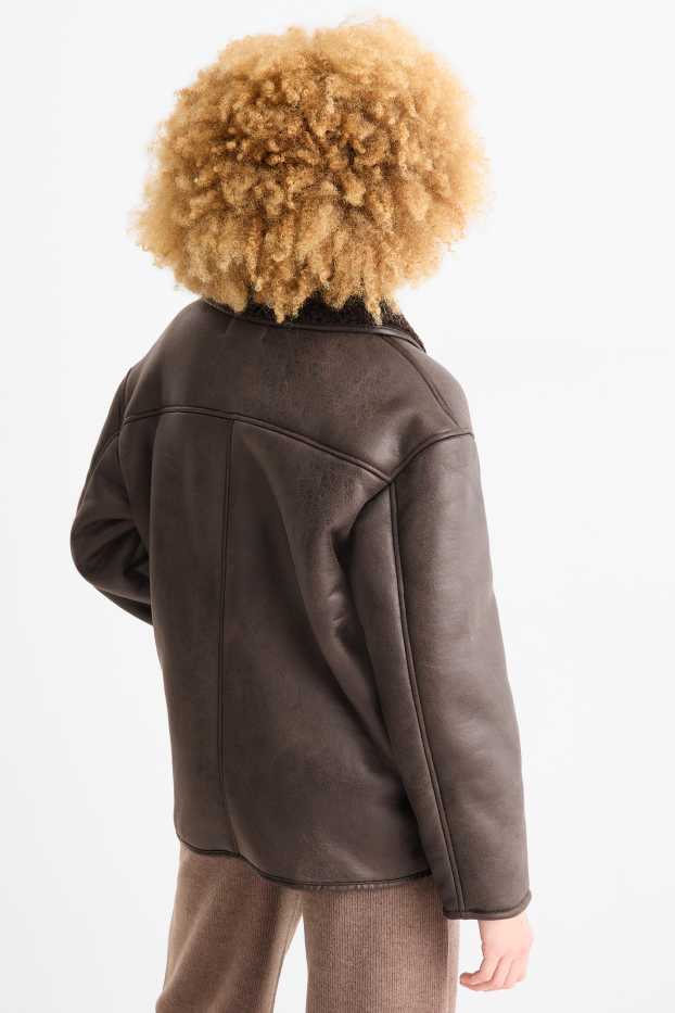 Femei - Geacă din piele shearling sintetică - imitație de piele - maro închis