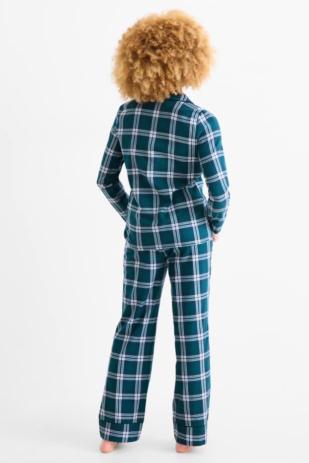 Femei - Set - pijama din flanel, mască de dormit și săculeț de pânză, cu motive de Crăciun - verde închis
