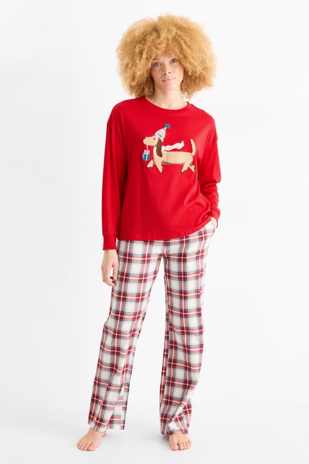 Femei - Pijama cu motive de Crăciun, cu pantaloni din flanel - roșu