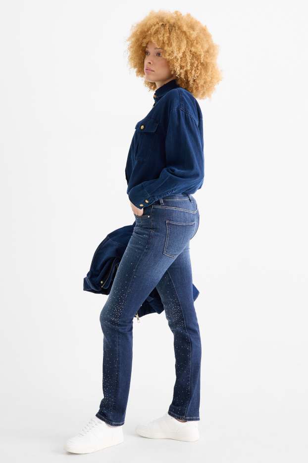 Femei - Straight jeans cu ștrasuri - talie medie - denim-albastru închis