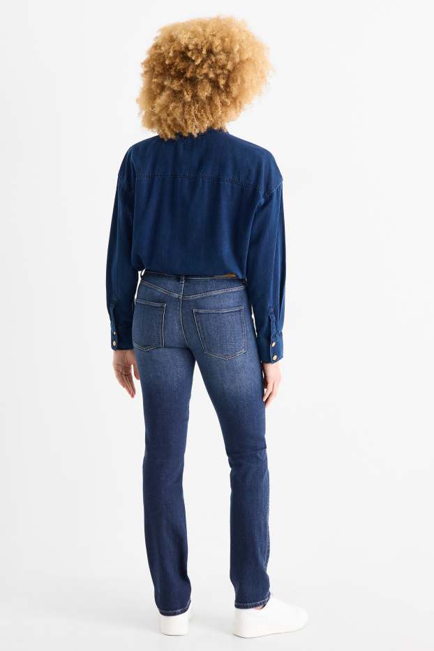 Femei - Straight jeans cu ștrasuri - talie medie - denim-albastru închis