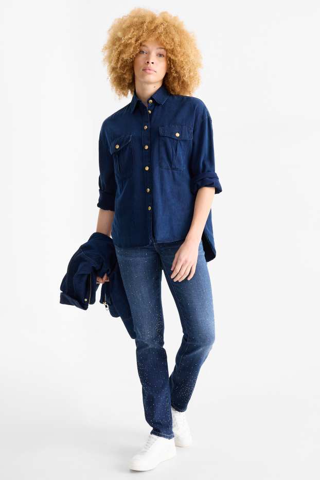 Femei - Straight jeans cu ștrasuri - talie medie - denim-albastru închis