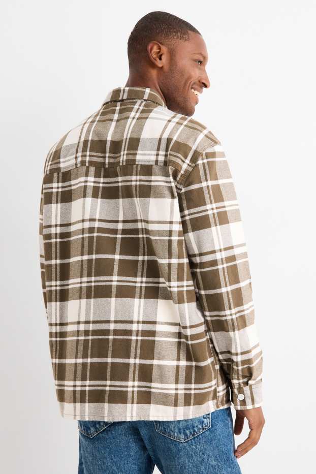 Bărbați - Cămașă din flanel - regular fit - guler Kent - în carouri - alb / bej