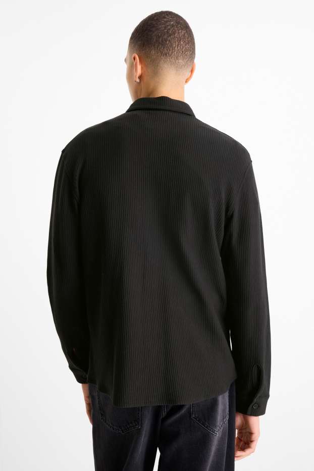 Bărbați - Cămașă - relaxed fit - guler Kent - reiată - negru