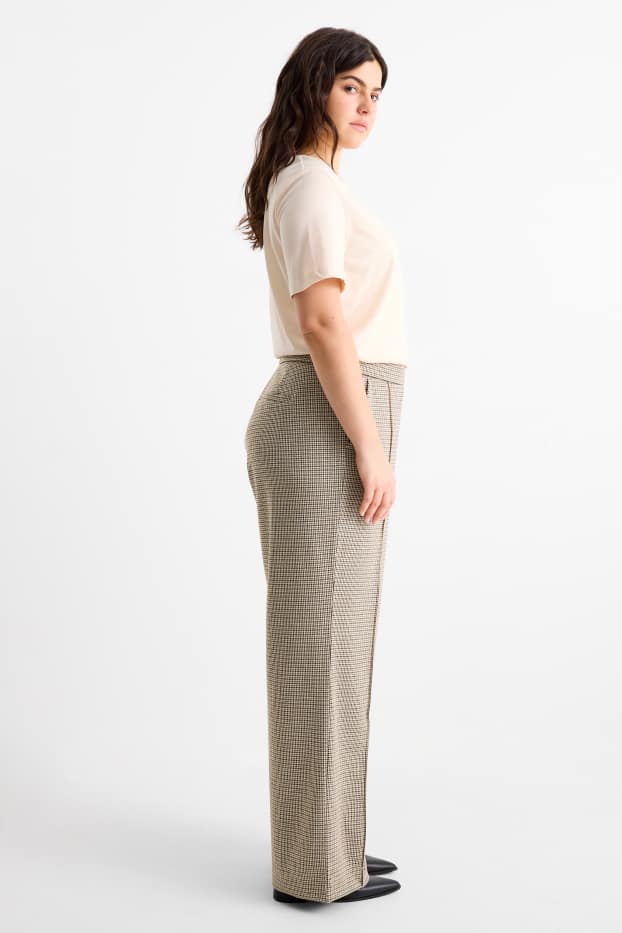 Femei - Pantaloni din jerseu - talie înaltă - wide leg - în carouri - negru / nej