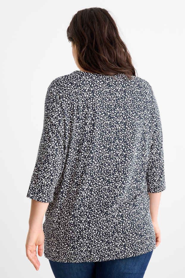 Femei - Tricou cu decolteu în V - cu flori - albastru închis