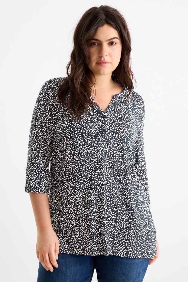 Femei - Tricou cu decolteu în V - cu flori - albastru închis