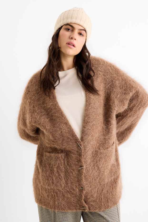 Femei - Cardigan tricotat - amestec de alpaca - maro
