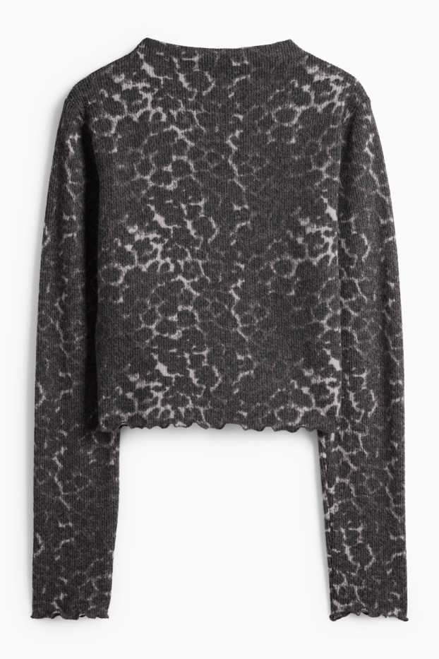Femei - Tricou crop cu mânecă lungă - slim fit - imprimeu de leopard - negru / gri