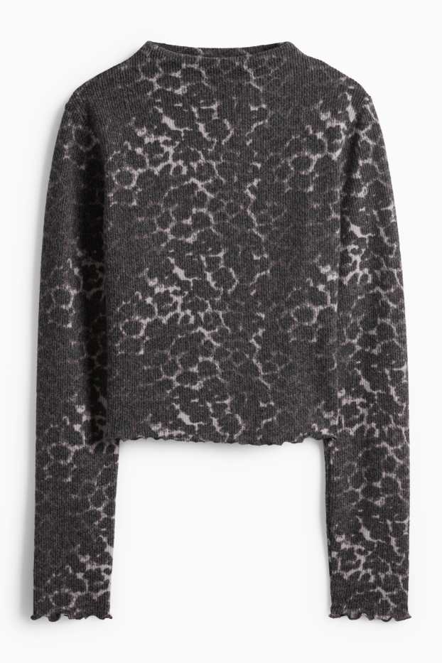 Femei - Tricou crop cu mânecă lungă - slim fit - imprimeu de leopard - negru / gri