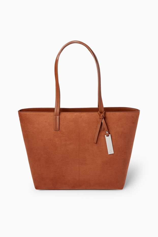 Femei - Geantă shopper mare - imitație de piele întoarsă - maro