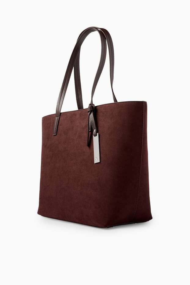 Femei - Geantă shopper mare - imitație de piele întoarsă - maro închis