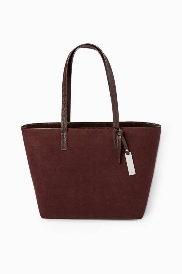 Femei - Geantă shopper mare - imitație de piele întoarsă - maro închis