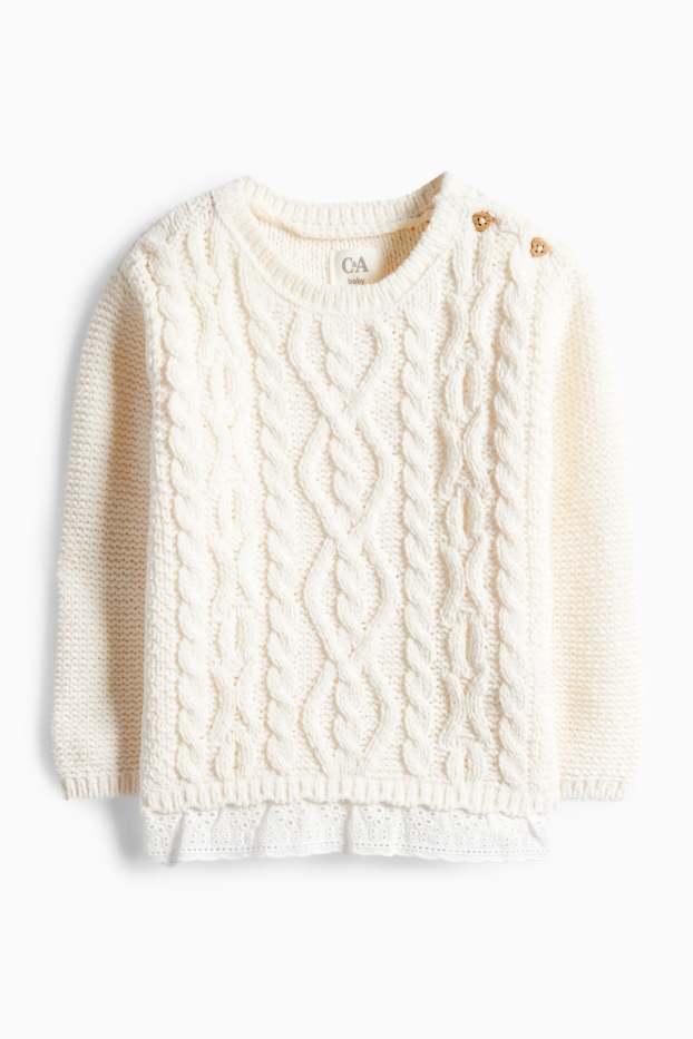 Bebeluși - fete - Pulover bebeluși - broderie englezească - cu torsade - crem