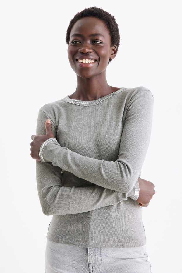 Women - Long sleeve top - slim fit - ribbed - gray