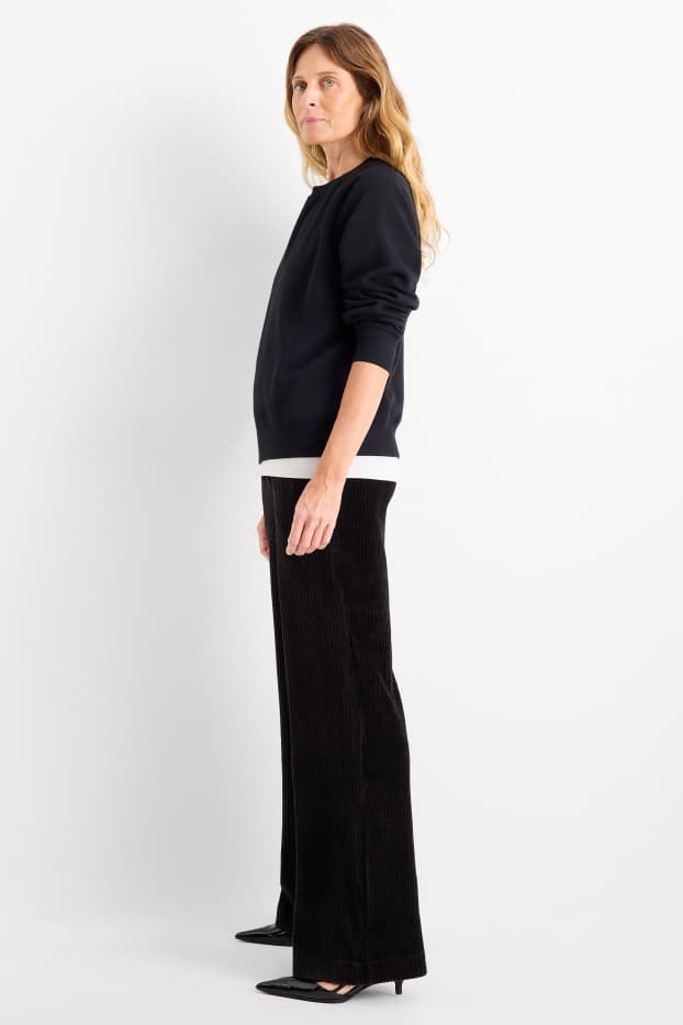 Femei - Pantaloni din catifea - talie înaltă - wide leg - reiați - negru
