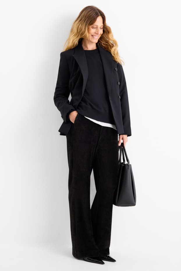Femei - Pantaloni din catifea - talie înaltă - wide leg - reiați - negru