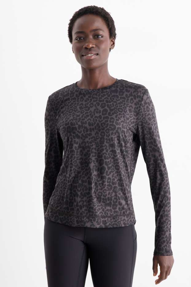 Femei - Tricou sport cu mânecă lungă - relaxed fit - imprimeu de leopard - negru / gri