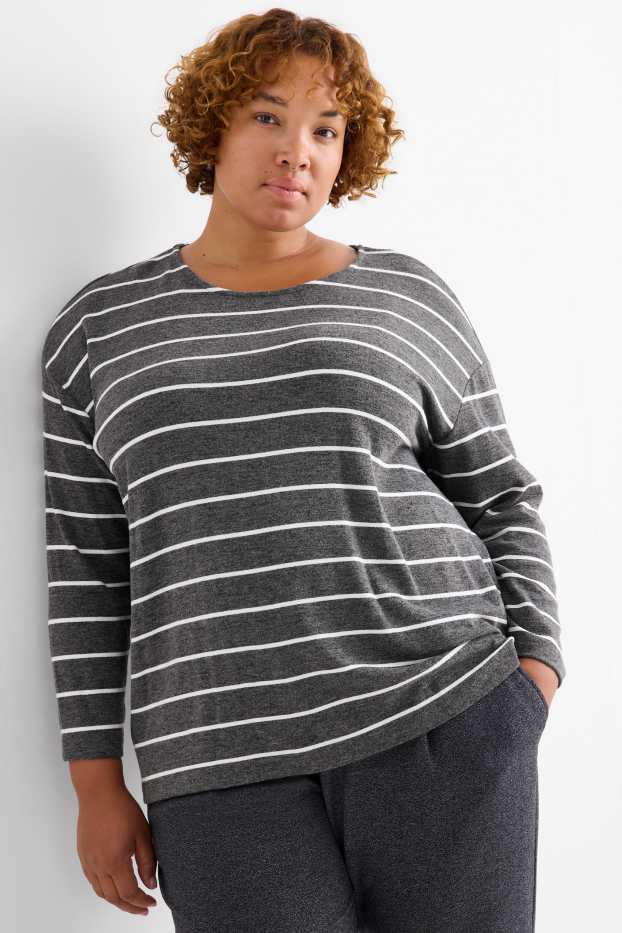 Femei - Tricou cu mânecă lungă - relaxed fit - cu dungi - gri închis / alb