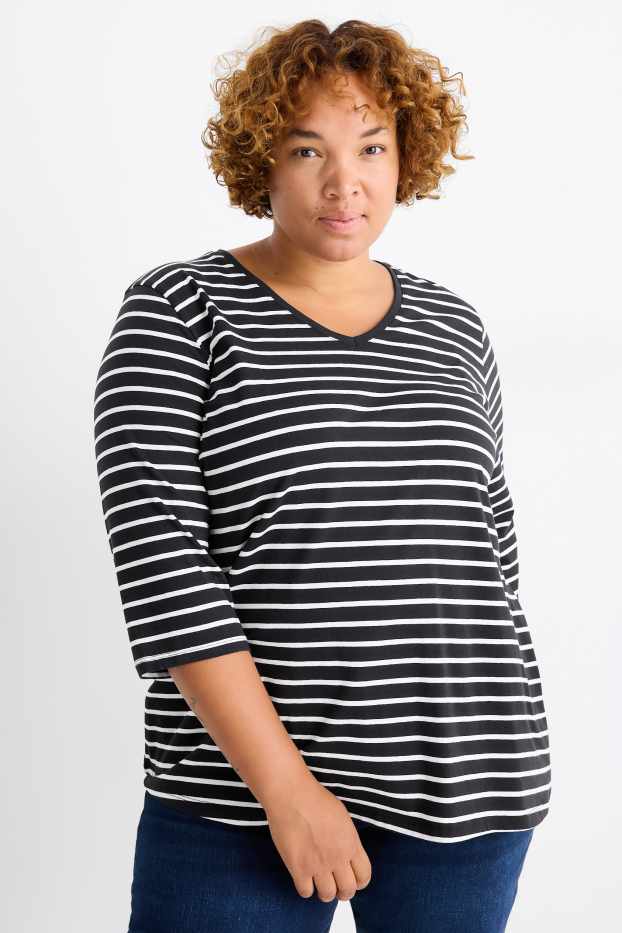 Femei - Tricou cu mânecă lungă - LYCRA® - cu dungi - negru / alb