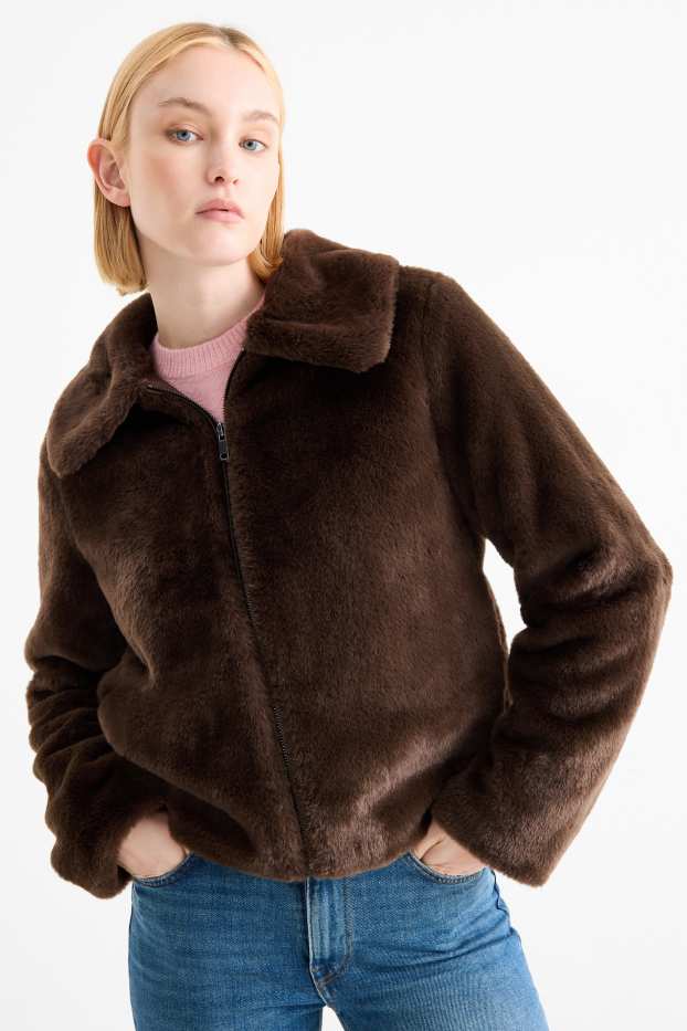 Women - Faux fur jacket - dark brown