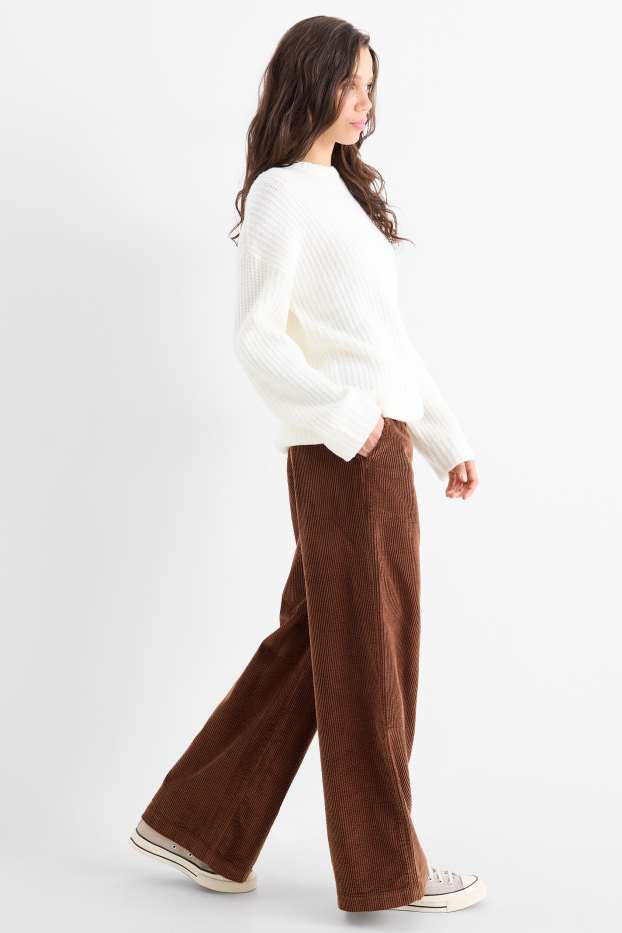 Dámské - Manšestrové kalhoty - mid waist - wide leg - tmavohnědá