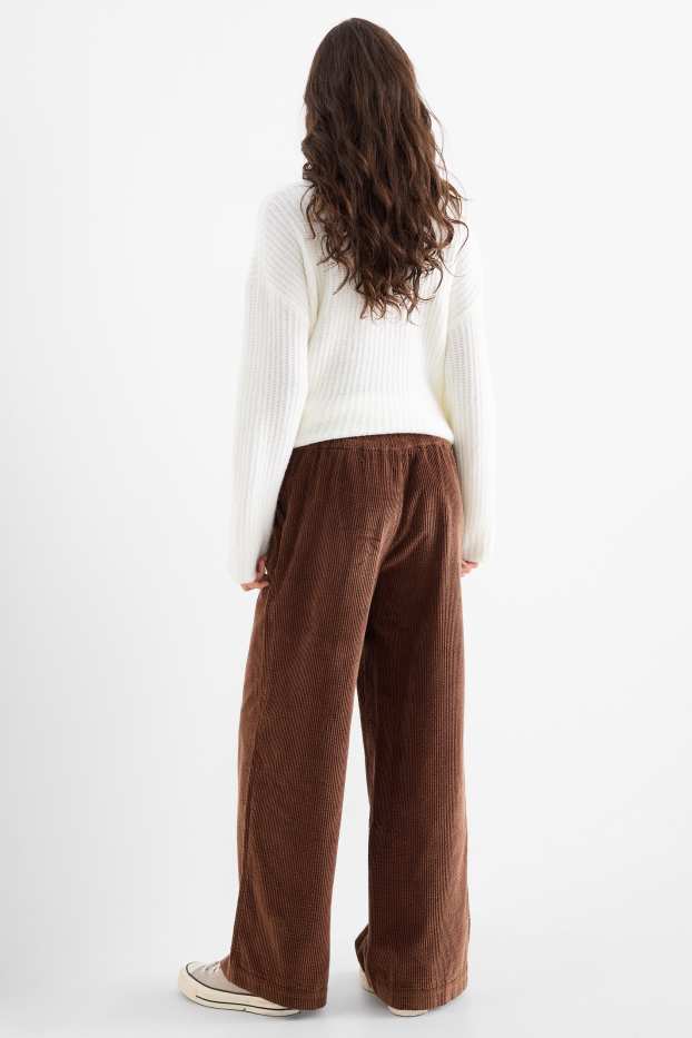 Dámské - Manšestrové kalhoty - mid waist - wide leg - tmavohnědá