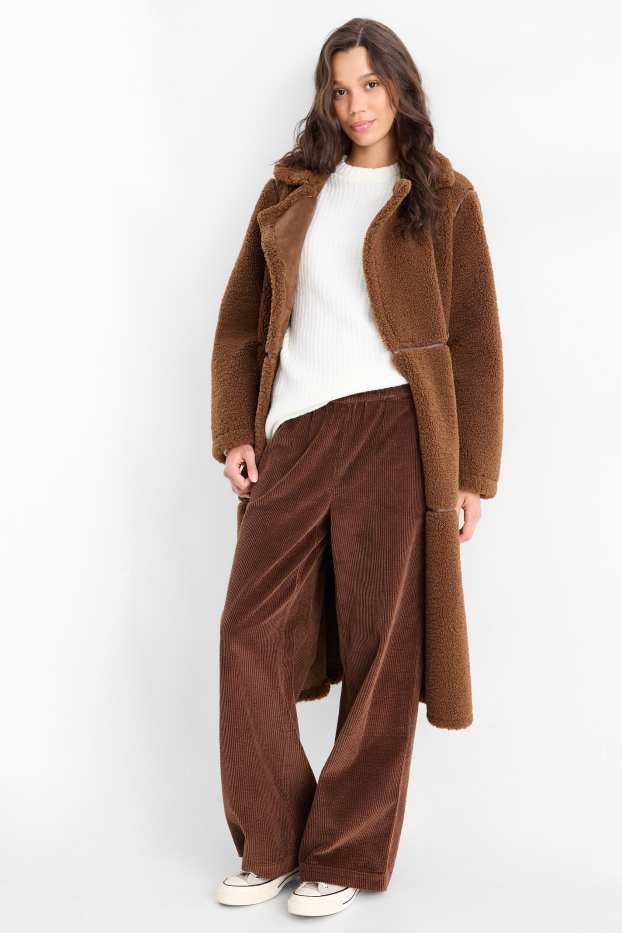 Dámské - Manšestrové kalhoty - mid waist - wide leg - tmavohnědá