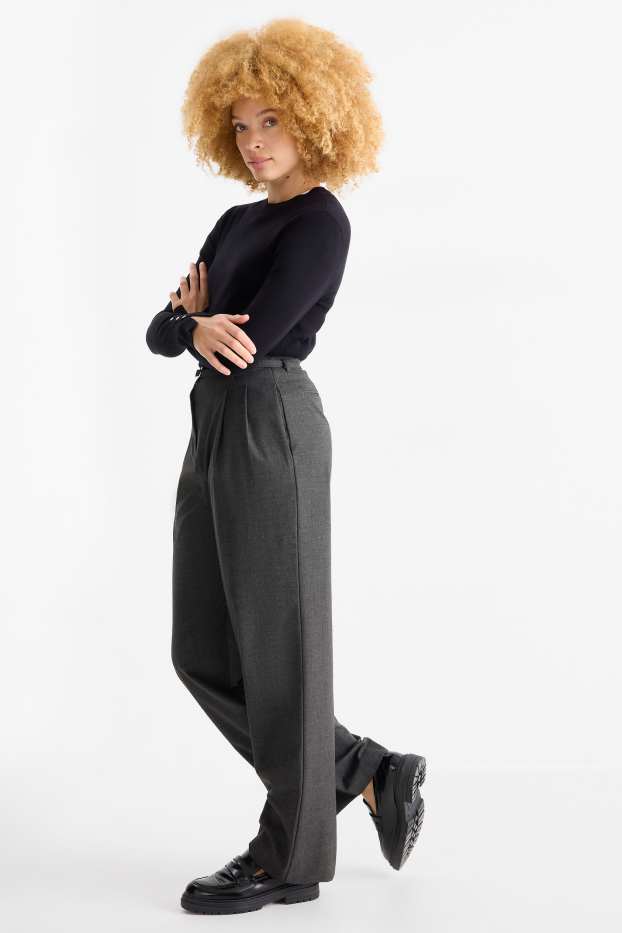 Dámské - Plátěné kalhoty s páskem - high waist - wide leg - tmavošedá