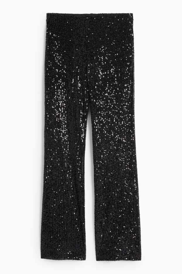 Femei - Pantaloni cu paiete - talie înaltă - evazați - negru
