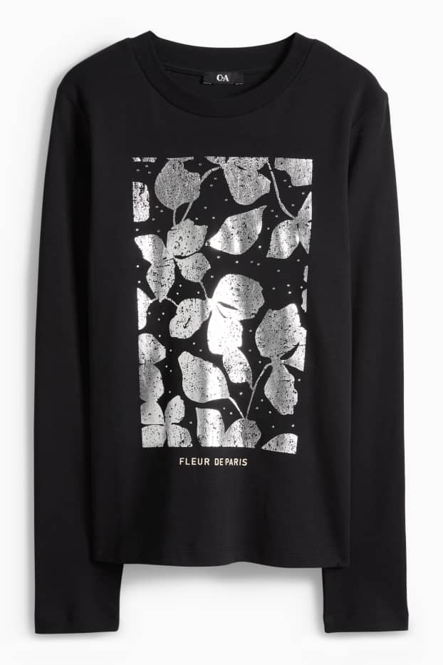 Femei - Tricou cu mânecă lungă cu ștrasuri - regular fit - aspect lucios - negru
