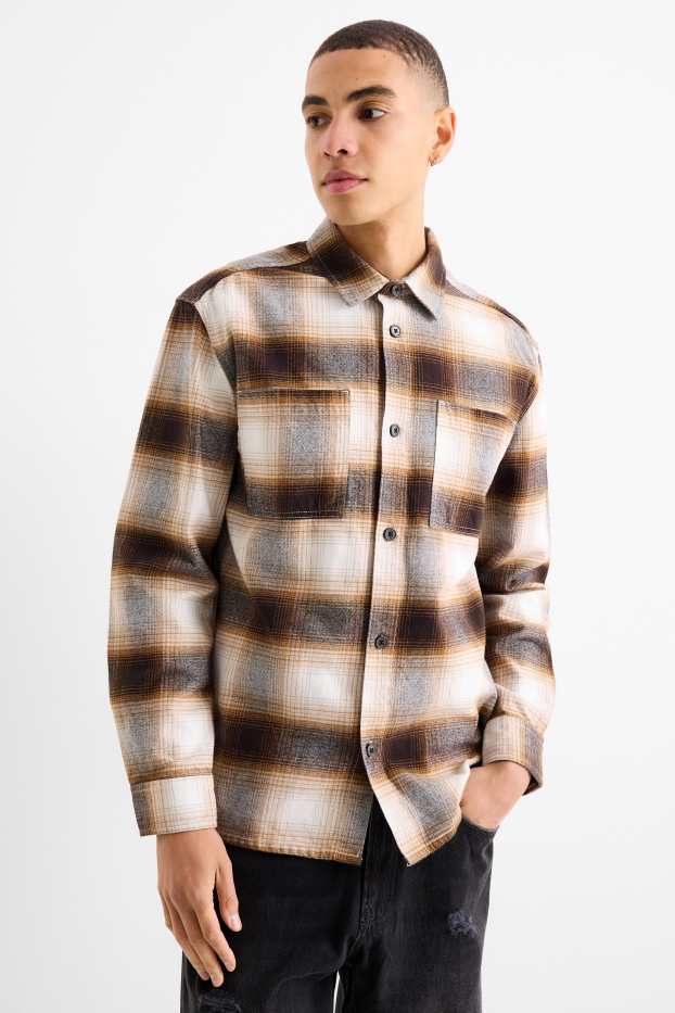 Herren - Flanellhemd - Relaxed Fit - Kent - kariert - braun / beige