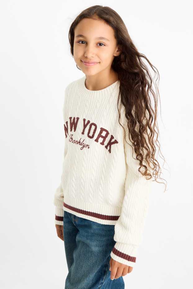 Kinder Mädchen - New York - Pullover - Zopfmuster - cremeweiss