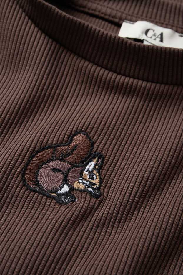 Women - Cropped long sleeve top - slim fit - ribbed - dark brown