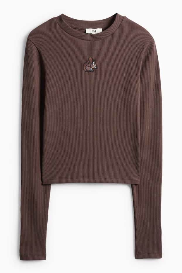 Women - Cropped long sleeve top - slim fit - ribbed - dark brown