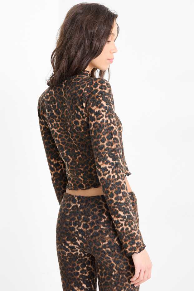 Femei - Tricou crop cu mânecă lungă - slim fit - imprimeu de leopard - negru / nej