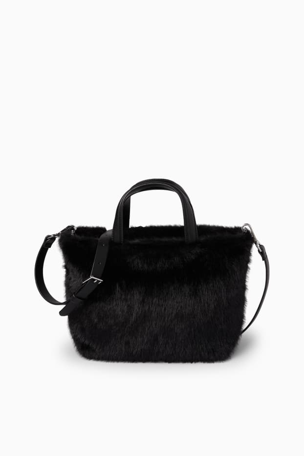 Femei - Geantă shopper mică din blană artificială, cu curea detașabilă - negru