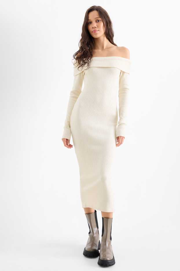Women - Knitted bodycon dress - ribbed - cremewhite