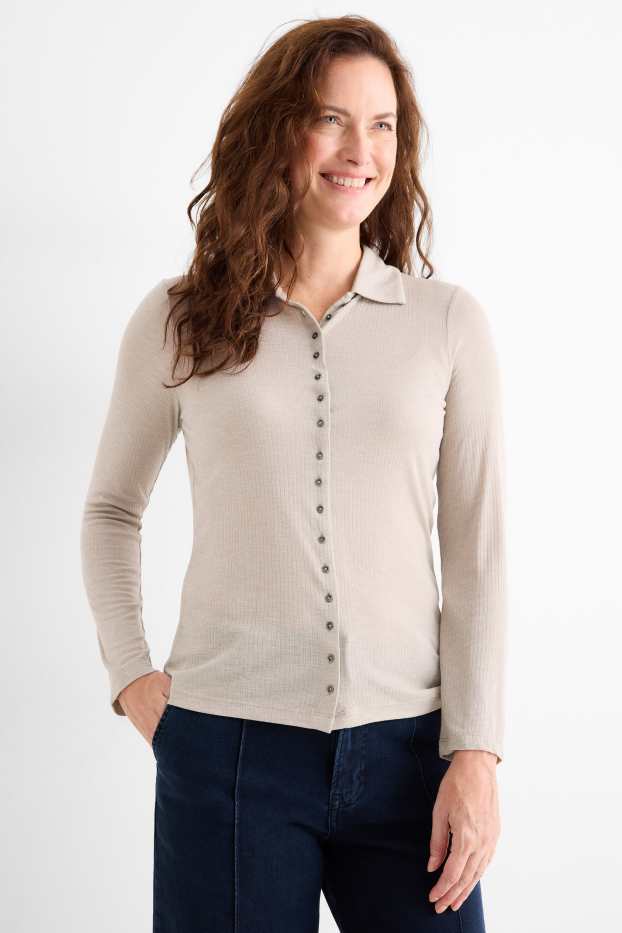 Femei - Tricou polo cu mânecă lungă - regular fit - cu reiați - bej