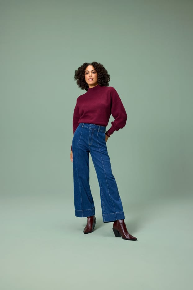 Femei - Crop wide leg jeans - talie înaltă - denim-albastru