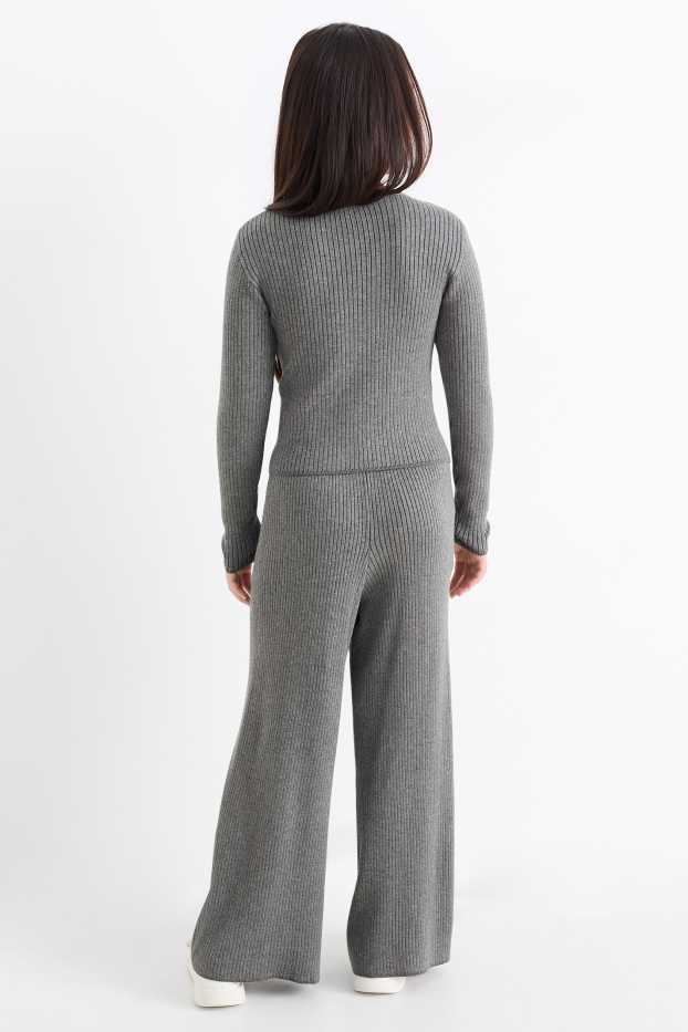 Copii - Fete - Set - tricou cu mânecă lungă și pantaloni din jerseu - reiați - 2 piese - gri închis