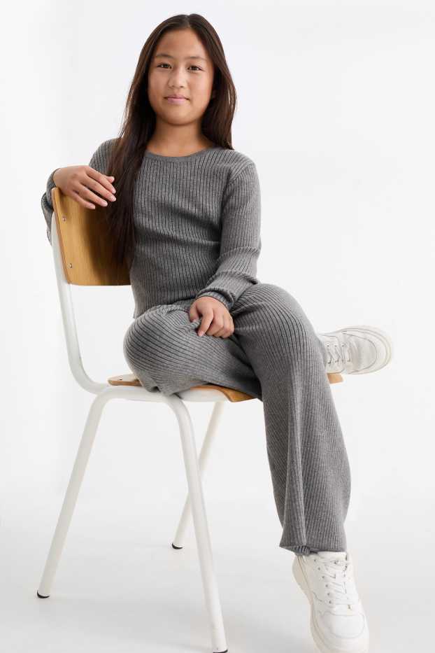 Copii - Fete - Set - tricou cu mânecă lungă și pantaloni din jerseu - reiați - 2 piese - gri închis