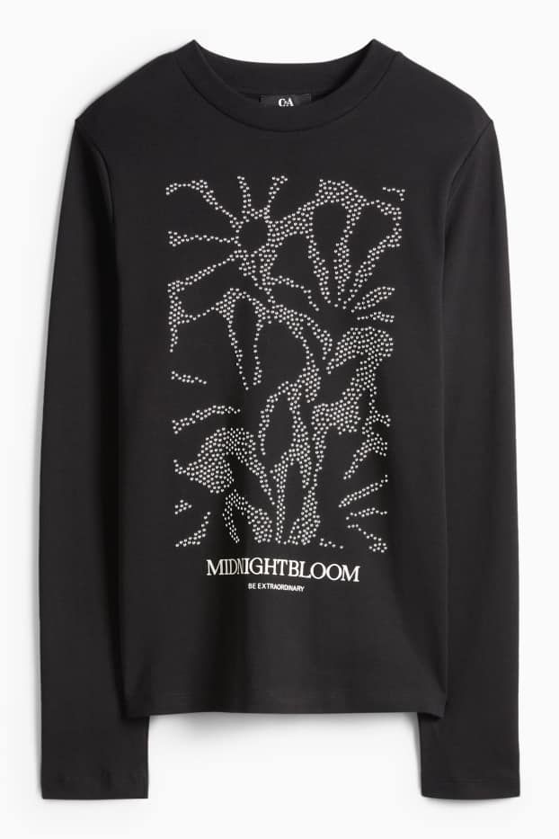 Femei - Tricou cu mânecă lungă cu ștrasuri - regular fit - negru
