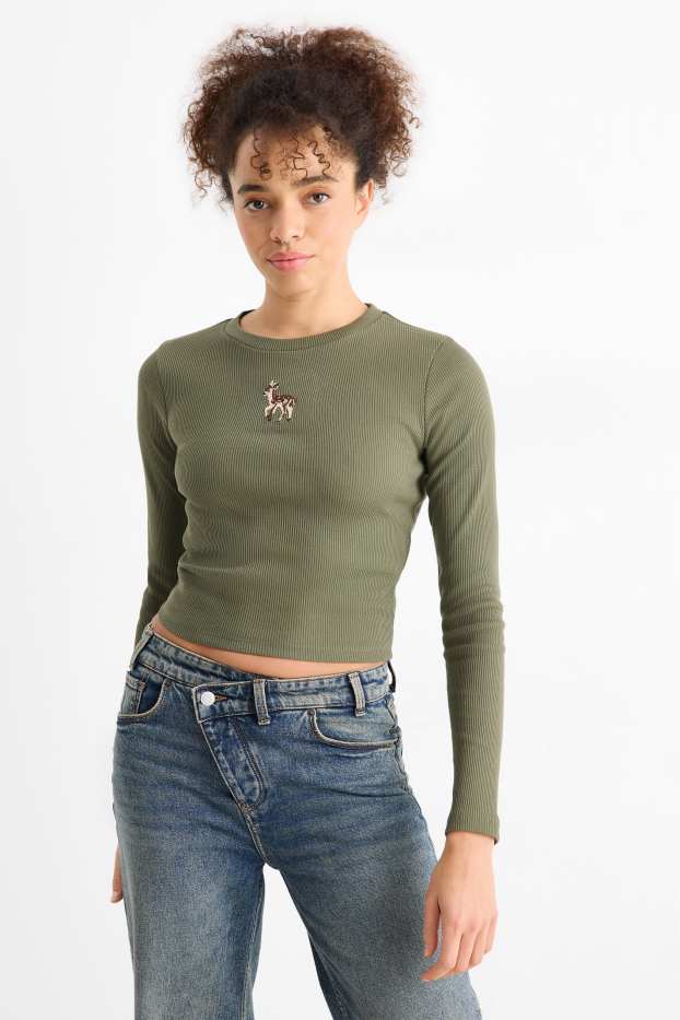 Femei - Tricou crop cu mânecă lungă - slim fit - reiat - kaki