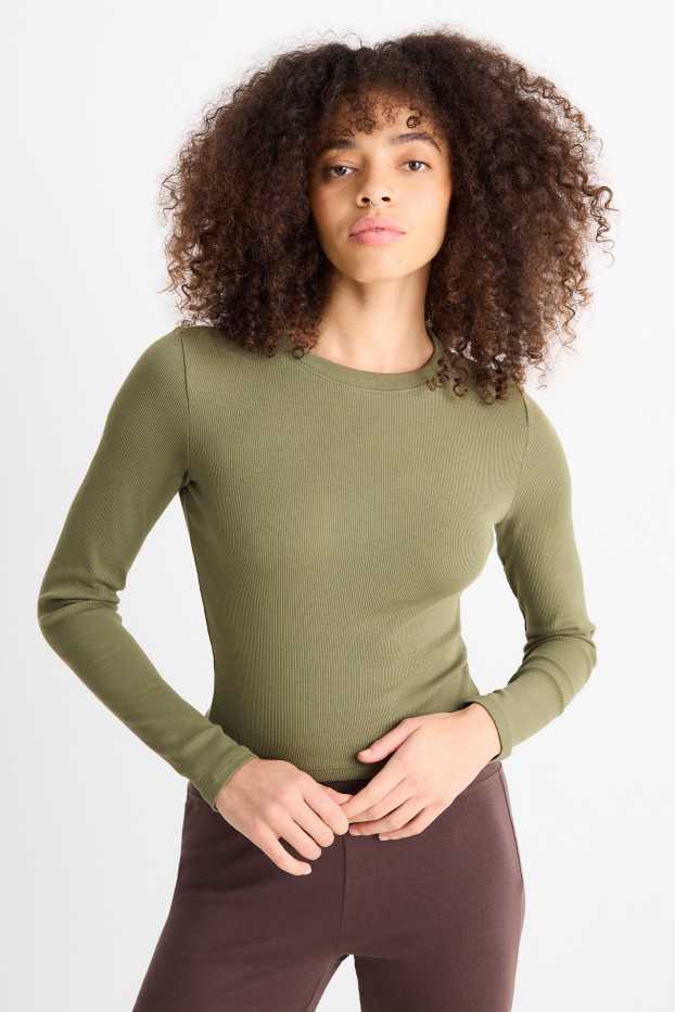 Femei - Tricou crop cu mânecă lungă - reiat - verde