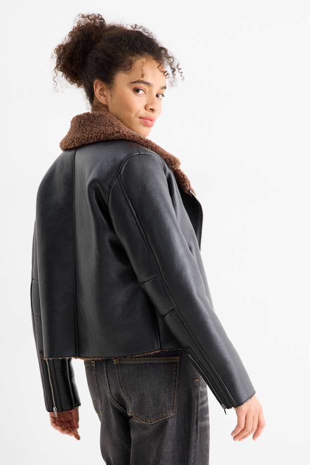 Femei - Geacă din piele shearling sintetică - imitație de piele - negru
